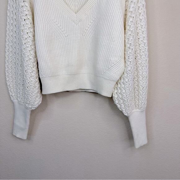 7 For All Mankind Sz M Knit Blouson Sleeve Sweater Cream Boho  Cotton Blend Soft - Picture 11 of 16